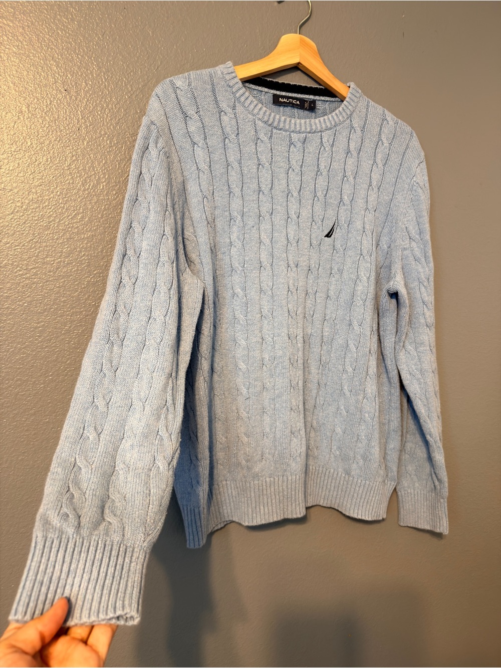 Nautica Men’s Light Blue Cotton Cable Knit Crewneck Coastal Sweater Small